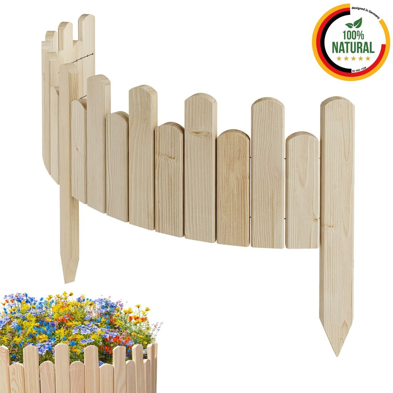 Beeteinfassung Rasenkante 100 cm lang Flexibler Gartenzaun Rollzaun Steckzaun Höhe 20cm Unbehandelt