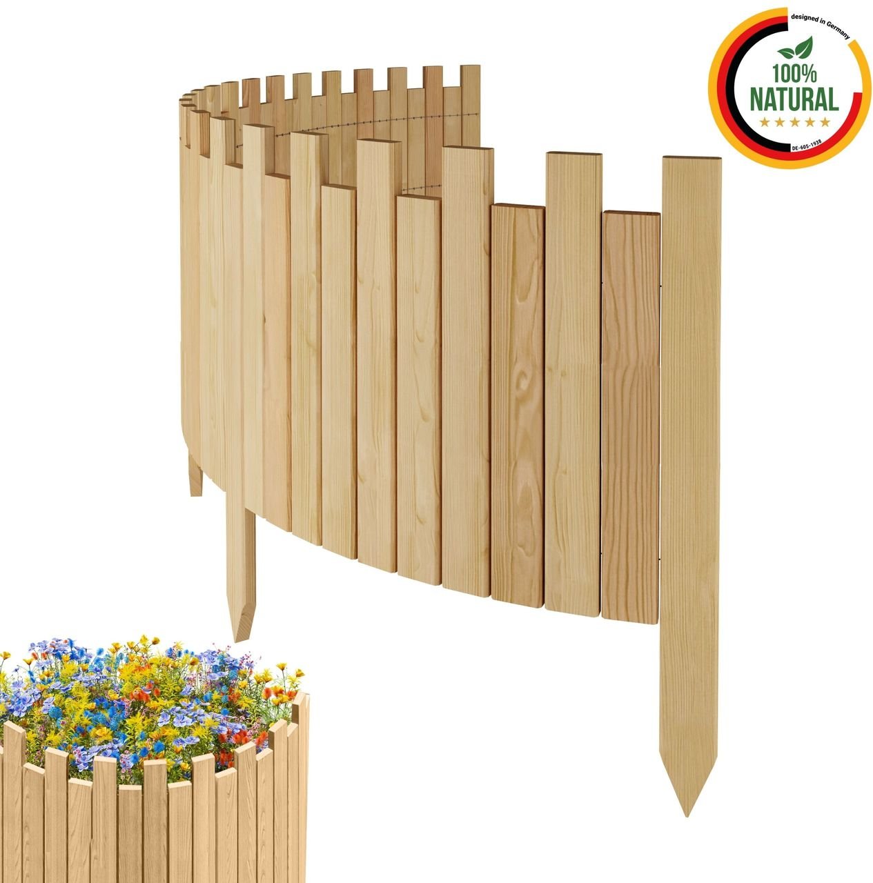 Beeteinfassung 200 x 40 cm Natur Holz Rollzaun Holzzaun Rasenkante Palisade Beetumrandung