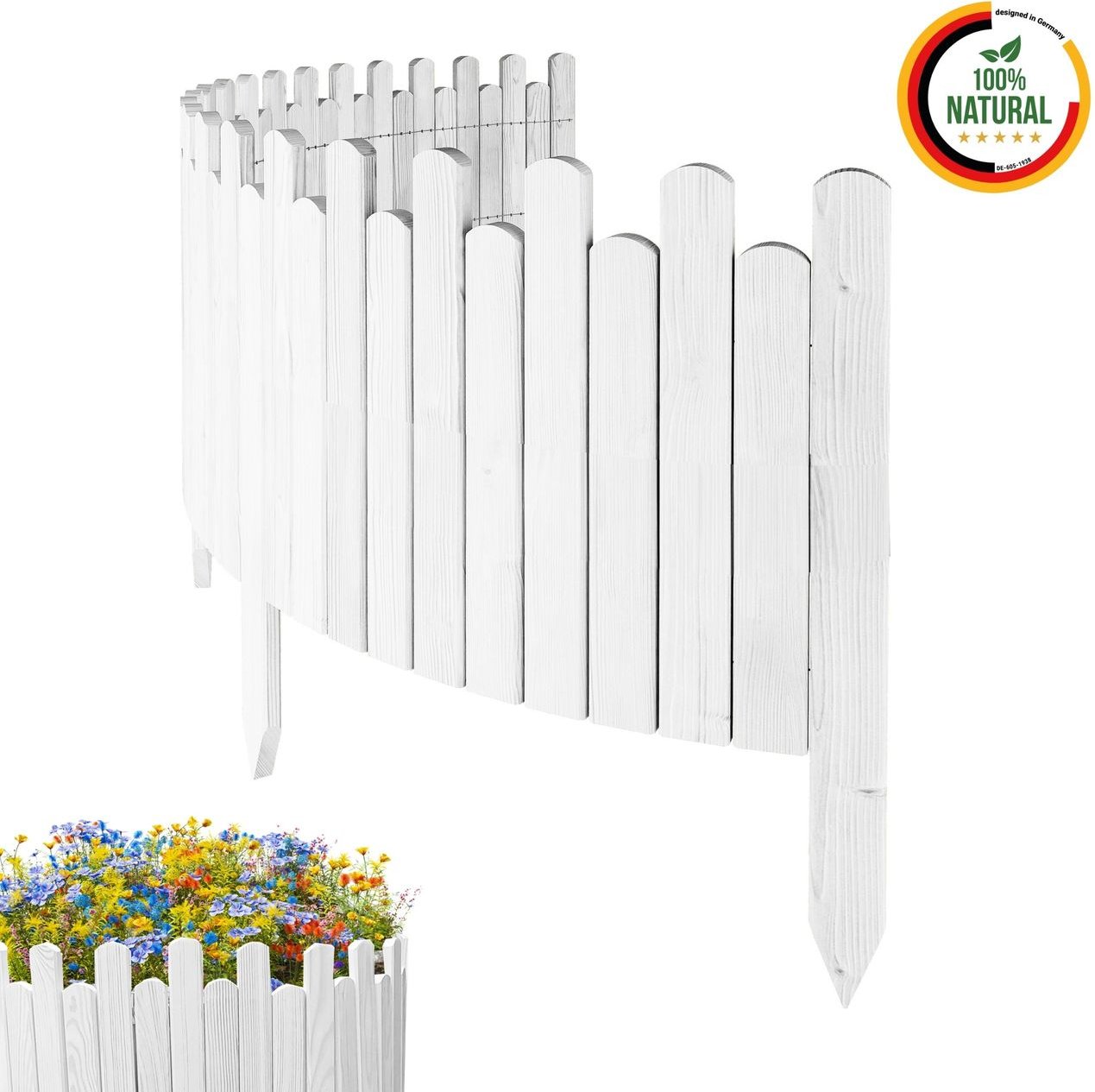 Beeteinfassung Rasenkante 200cm Flexibler Gartenzaun Rollzaun Palisade Höhe 30 cm, Weiß