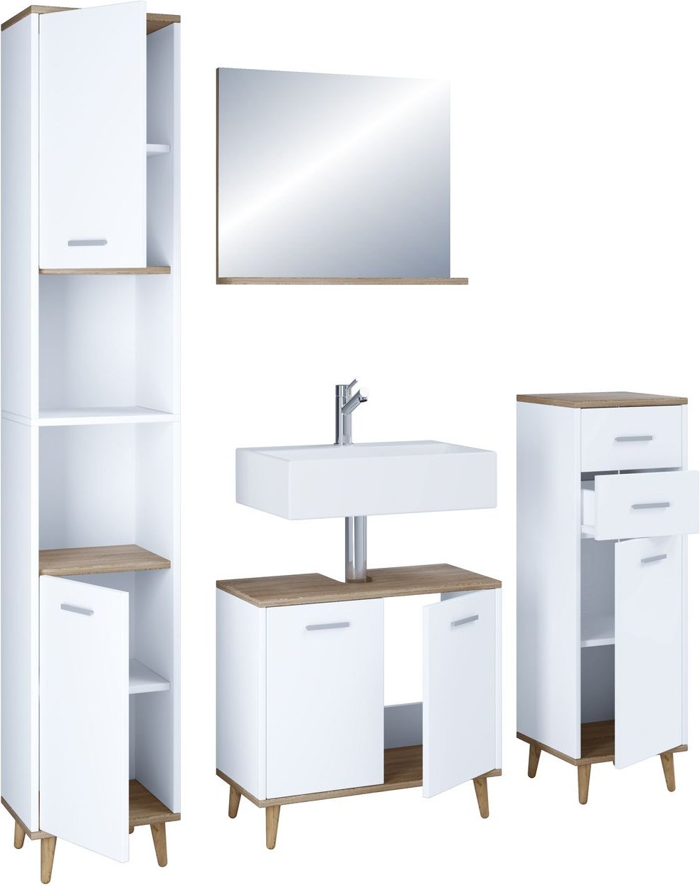 4-tlg. Badmöbelset Badezimmer Set "Landos I" Weiß/Honig-Eiche