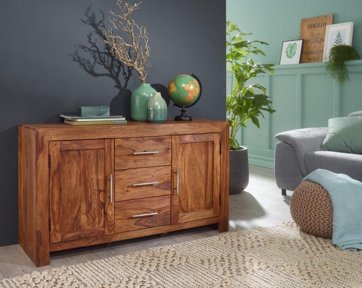 Sheesham Massiv Sideboard 118,5 x 40 cm montiert - Massivholz