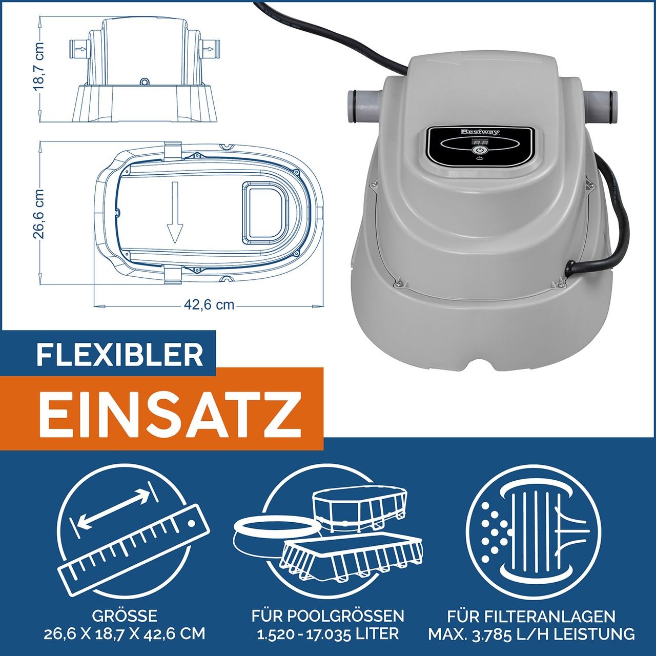 Elektro-Poolheizung 2.800 W mit Soft-Touch-Display & Wasserdurchflusssensor