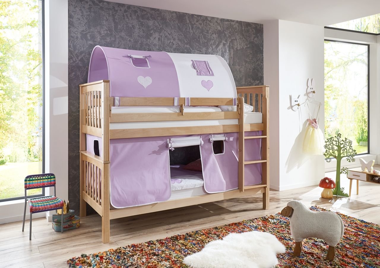 Etagenbett Kick Buche massiv natur lackiert mit Textilset aus Vorhang und Tunnel - purple/weiß/herz