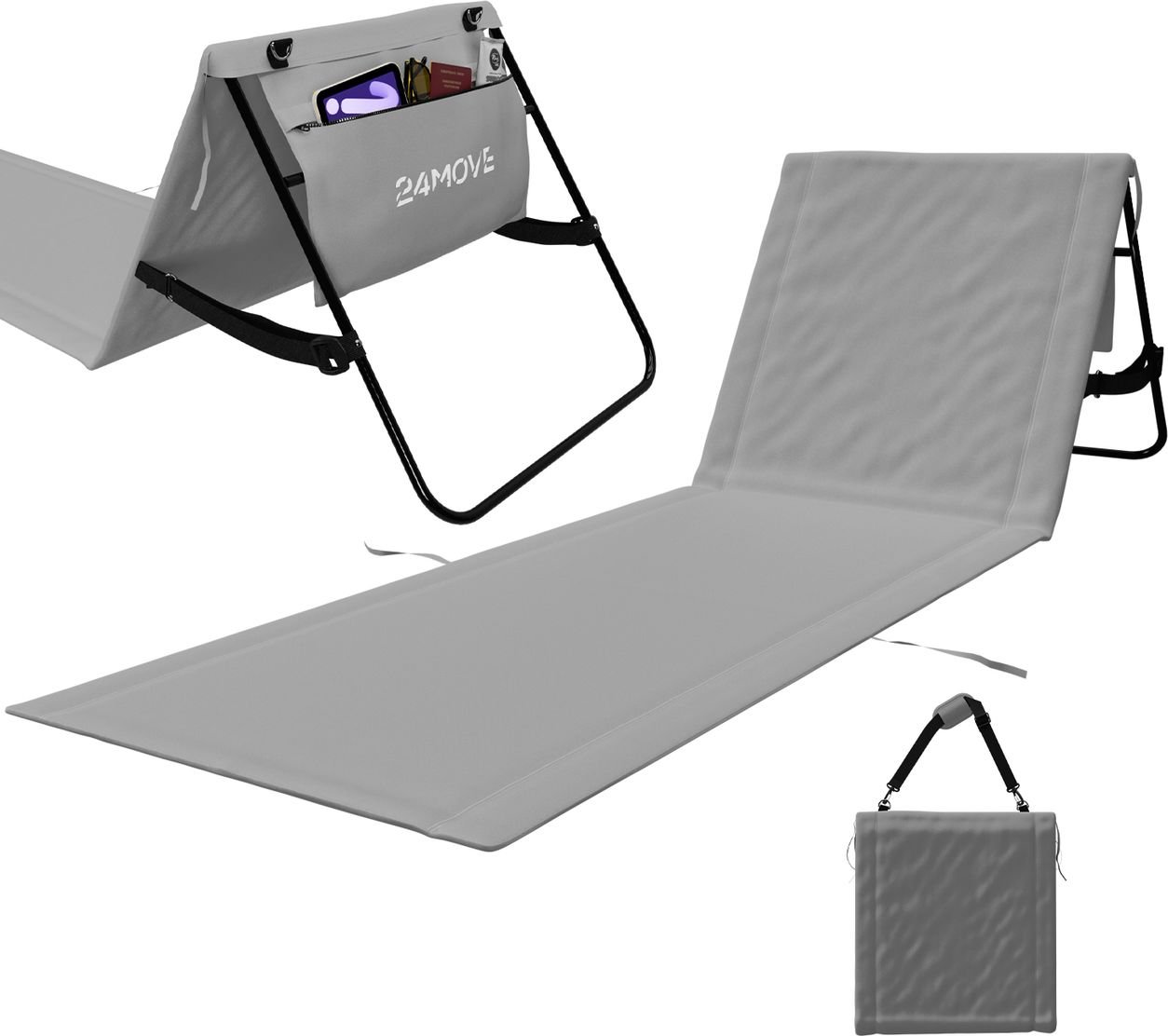 Thumbnail - Strandmatte klappbar mit Rückenlehne, tragbare Strandliege mit Gurt – Grau