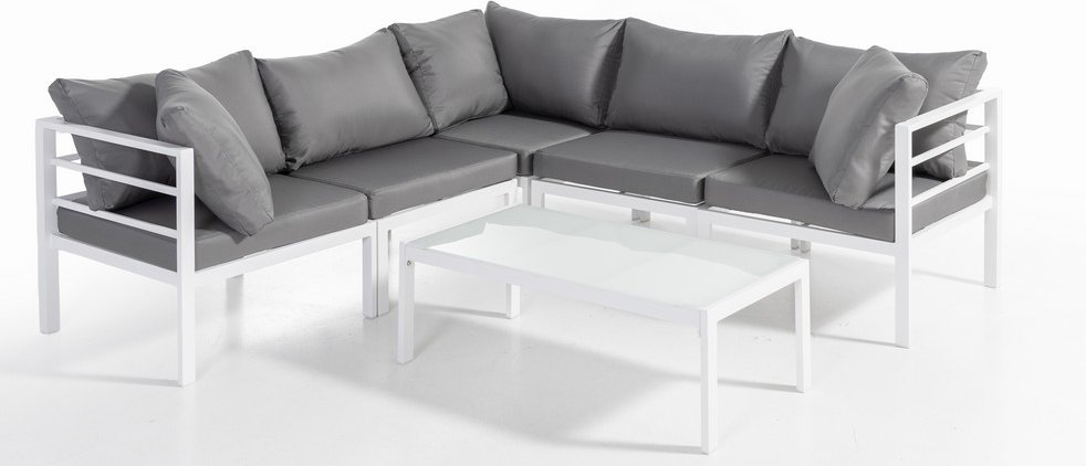 17tlg. Ecklounge-Set mit Glastisch aus Aluminium - Weiß/Grau