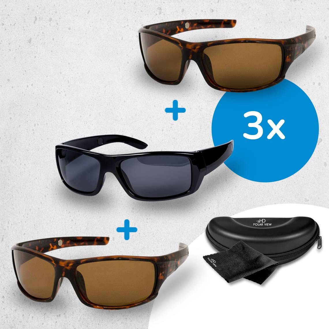 HD Polar View polarisierte Sonnenbrille 3 Stk. inkl. Zubehör GRATIS / 2x Hornoptik + 1x schwarz
