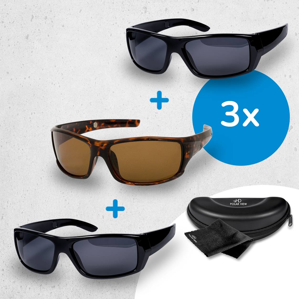 HD Polar View polarisierte Sonnenbrille 3 Stk. inkl. Zubehör GRATIS / 2x schwarz + 1x Hornoptik