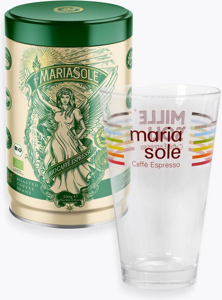 MariaSole Caffè Espresso Bio 250g Dose & Latte Macchiato Glas zum Aktionspreis