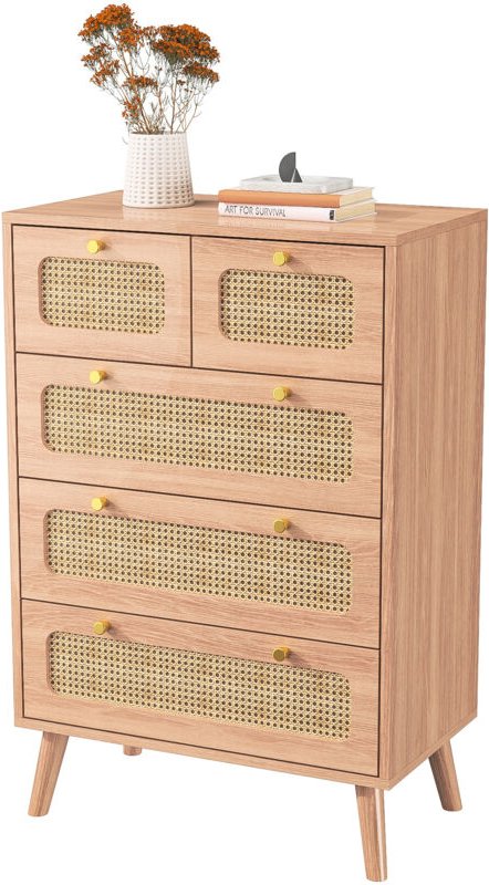 Sideboard mit 5 Schubladen aus Rattan, Kommode für das Schlafzimmer, elegantes Küchen-Sideboard, 60 x 34 x 91 cm, naturf...