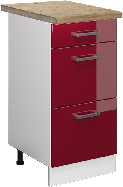 Vicco - Küchenunterschrank R-Line, Bordeaux Hochglanz, 40 cm mit Schubladen, ap Eiche