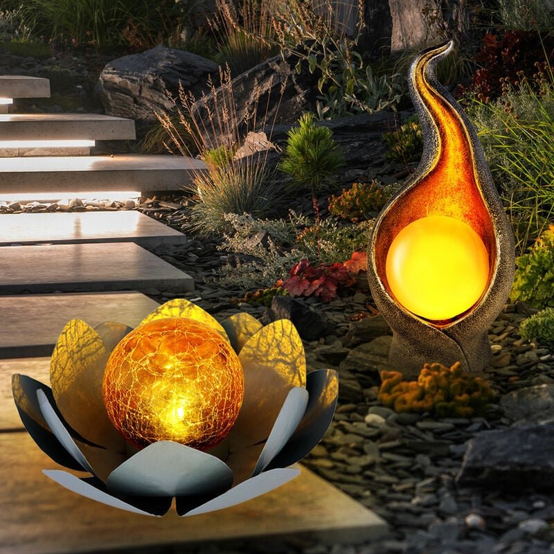 Solarlampe led Gartendeko Lotusblume Asia Terrassenlampe Flammen Design Gartenlampe, Leuchtdauer ca. 6 Stunden, 2er Set