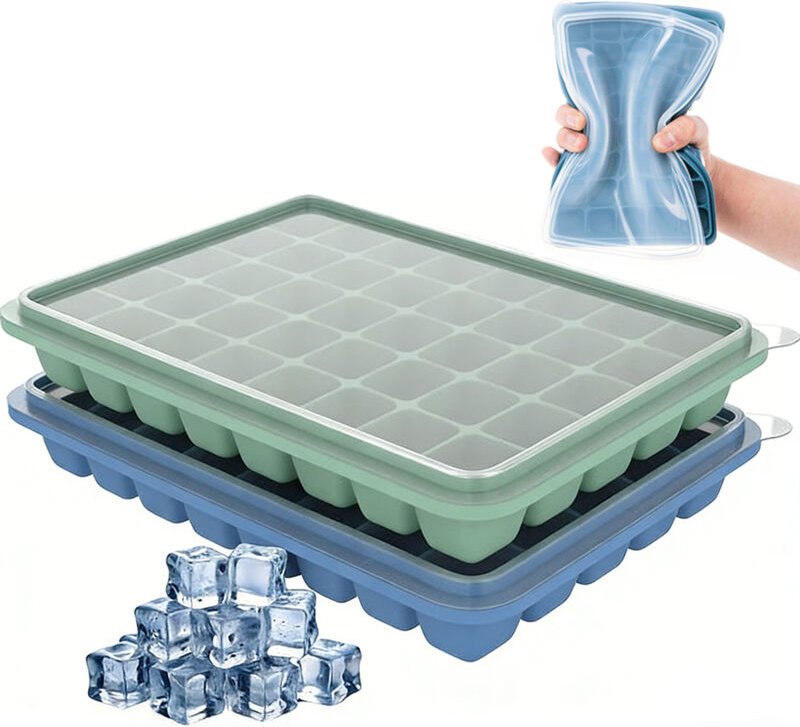 2er‑Set Silikon‑Eiswürfelformen mit Deckel – 80 kleine quadratische Eiswürfel, BPA‑frei, Grün & Blau