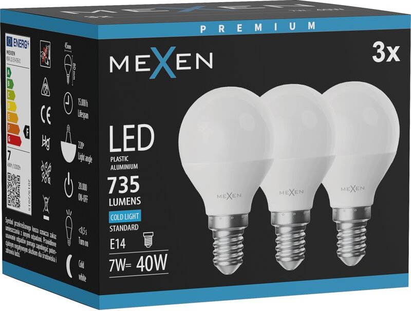 Mexen Nova 3x LED-Lampe E14, G45, 7W, Kalt - 6500K, 735 lm - L101-E14-0765-01x03