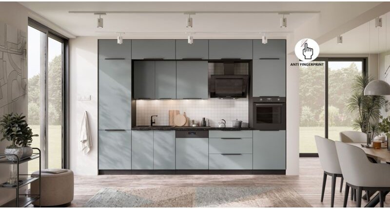 Küche ARIA K-BL - NAGU 340 cm Anti Fingerprint Küchenzeile Küchenblock Singleküche EinbaukücheAQUAMARINE - AFM