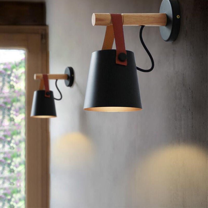 Wandleuchte aus Holz Innen, Moderne Wand Lampe mit Leder Lampenschirm, Eisen Wandbehang Lampe für Schlafzimmer Wohnzimme...