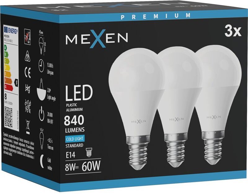Mexen Nova 3x LED-Glühbirne E14, G45, 8W, Kalt - 6500K, 840 lm - L101-E14-0865-01x03
