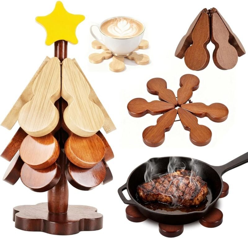Weihnachtlicher Untersetzer aus Holz, faltbarer Untersetzer in Form eines Weihnachtsbaums, Weihnachtsdekoration, Topfunt...