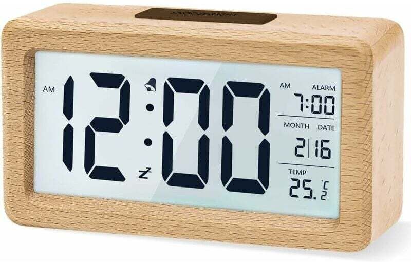 Digitaler Wecker – Nachttischwecker aus Holz mit großem, hintergrundbeleuchtetem LCD-Display – Temperaturanzeige – Schlu...