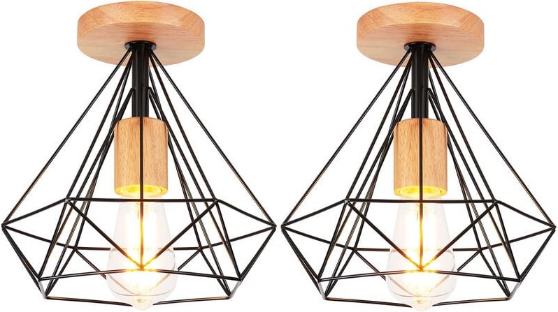 2x Industriell Deckenlampe in Rautenform Moderne Kronleuchter Metall Hölzern E27 Lüster für Schlafzimmer Badezimmer Flur...