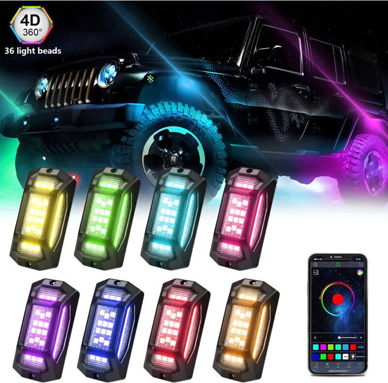 Faretti LED multicolore per rocce (confezione da 8), grandangolo 150°, impermeabili IP68, con sincronizzazione tramite a...