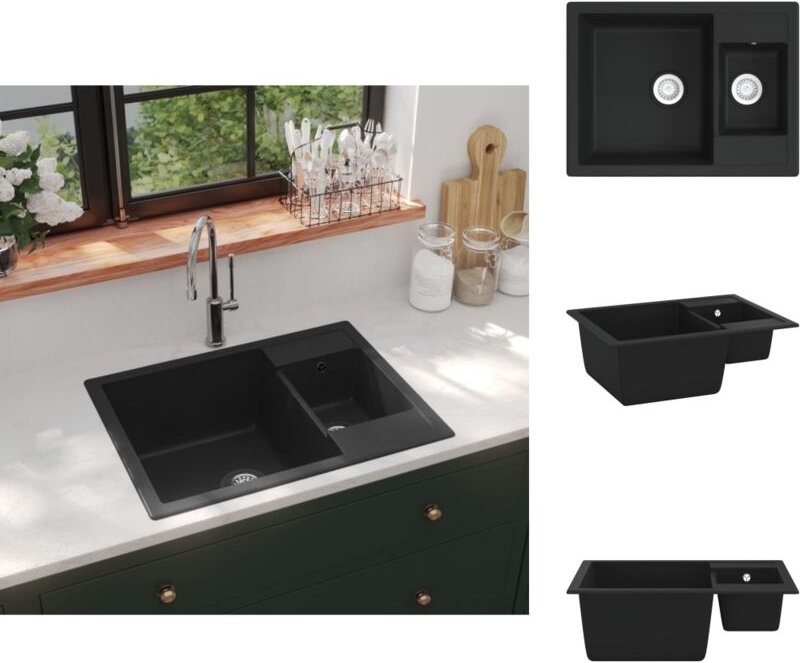 Küchenspülen & Spülbecken - Living Küchenspüle mit Überlauf Doppelbecken Schwarz Granit