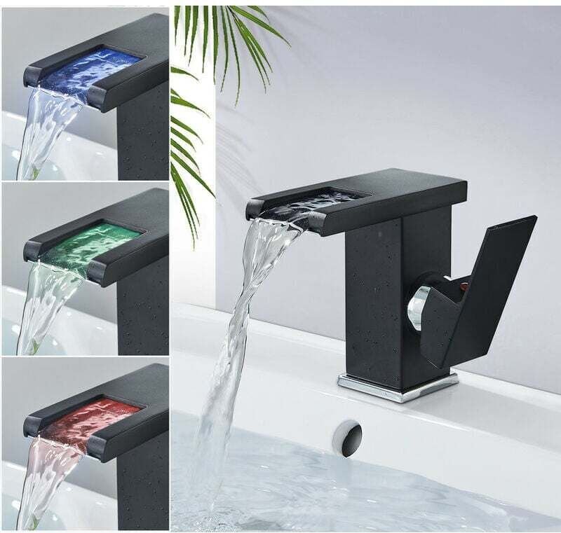 Moderne Wasserfall-Waschtischarmatur, schwarze Waschbeckenarmatur, langlebige LED-Beleuchtung, einstellbare Warm- und Ka...