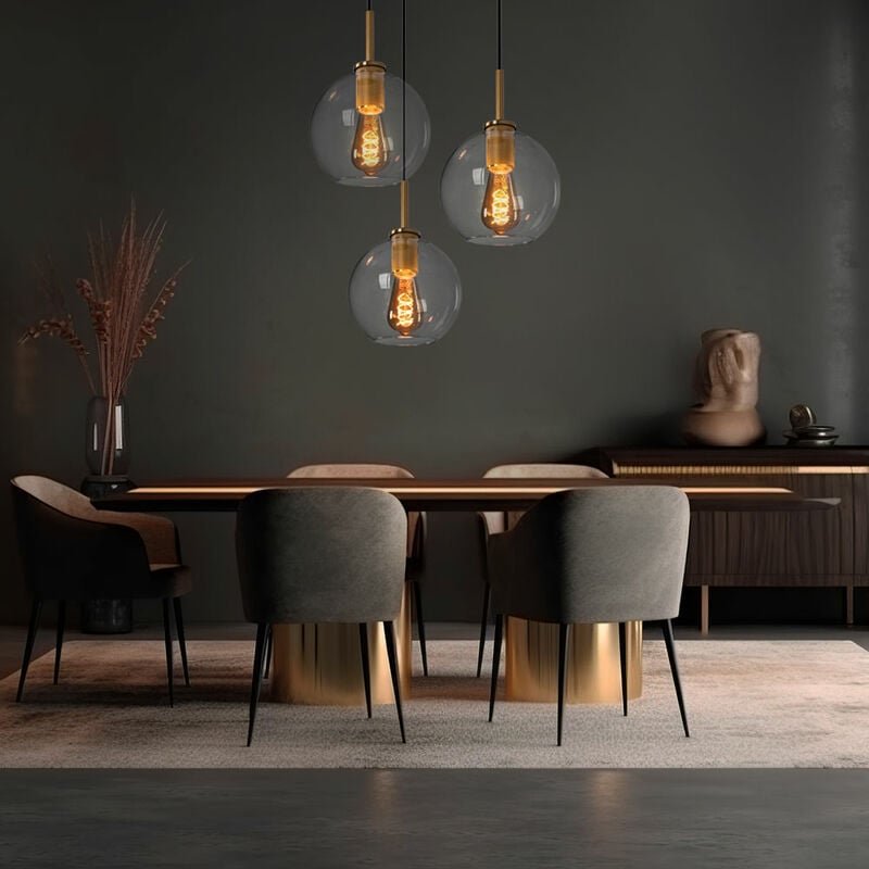 Glaskugel Hängelampe Pendelleuchte Esstisch Glaskugel Hängeleuchte Kugeln, 3 Flammig, Metall messing klar, 3x E27 Fassun...