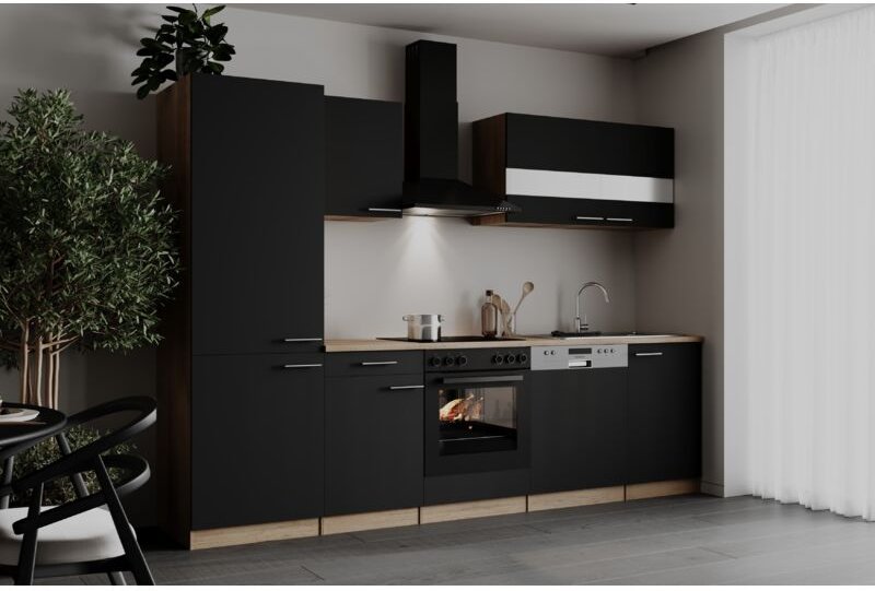 Einbau Küchenzeile Eiche Sägerau Schwarz Merle 280cm großer Kühlschrank Respekta