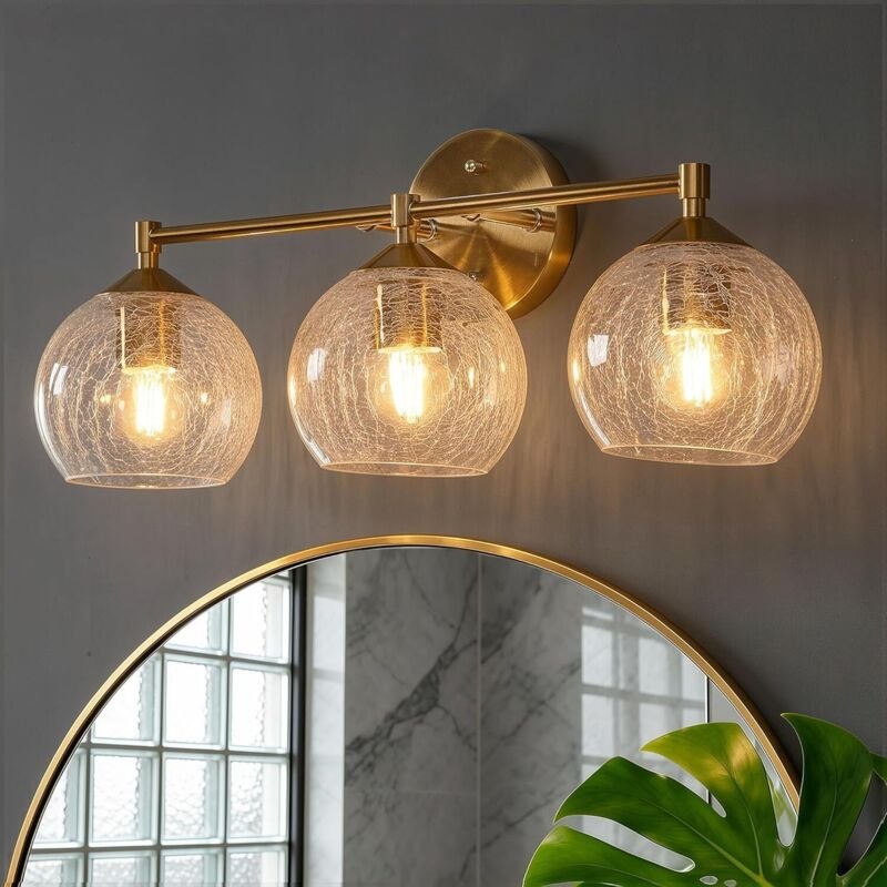 Tribesigns Moderne Wandleuchte Badezimmer Gold, 3-flammige Crackle Glas Kugel Wandlampe mit E27 Fassung, Waschtischlampe...