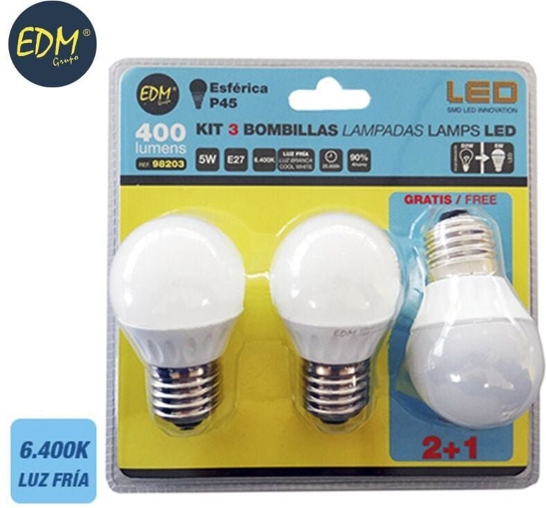 EDM - Kit mit 3 sphärischen LED-Lampen E27 5W 400lm 6400K Kaltlicht Ø4,5x8cm