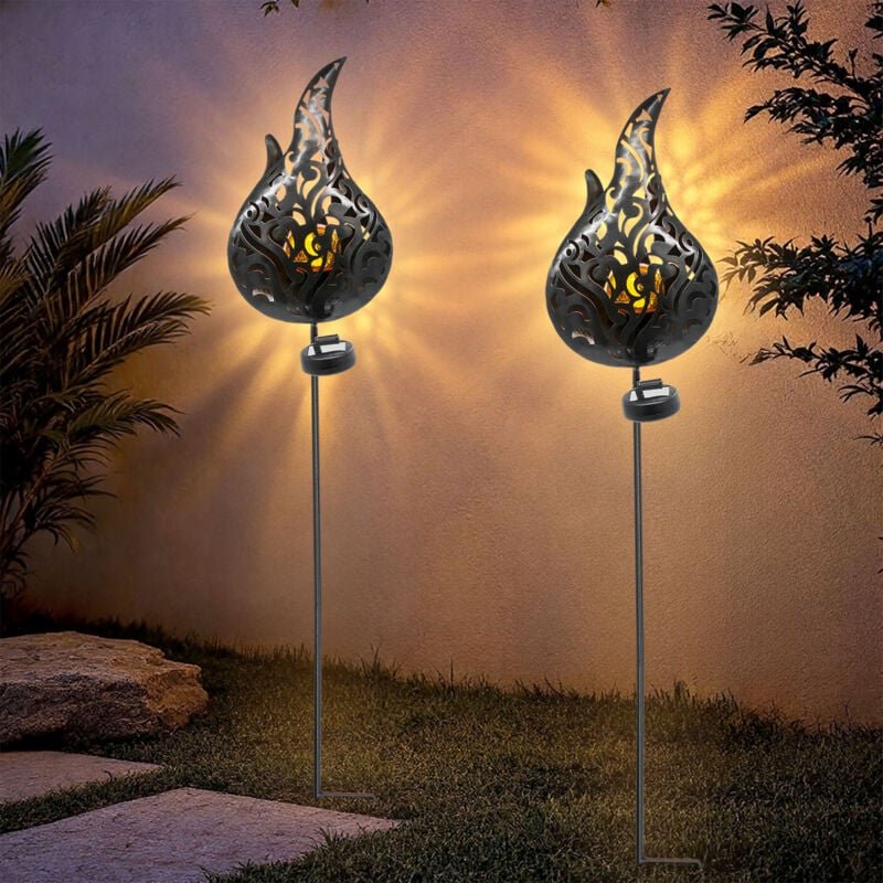 Solar Gartenstecker Flamme mit led Crackle Glaskugel - 2er Set - Metall Deko Fackel 92 cm mit Flammenlicht