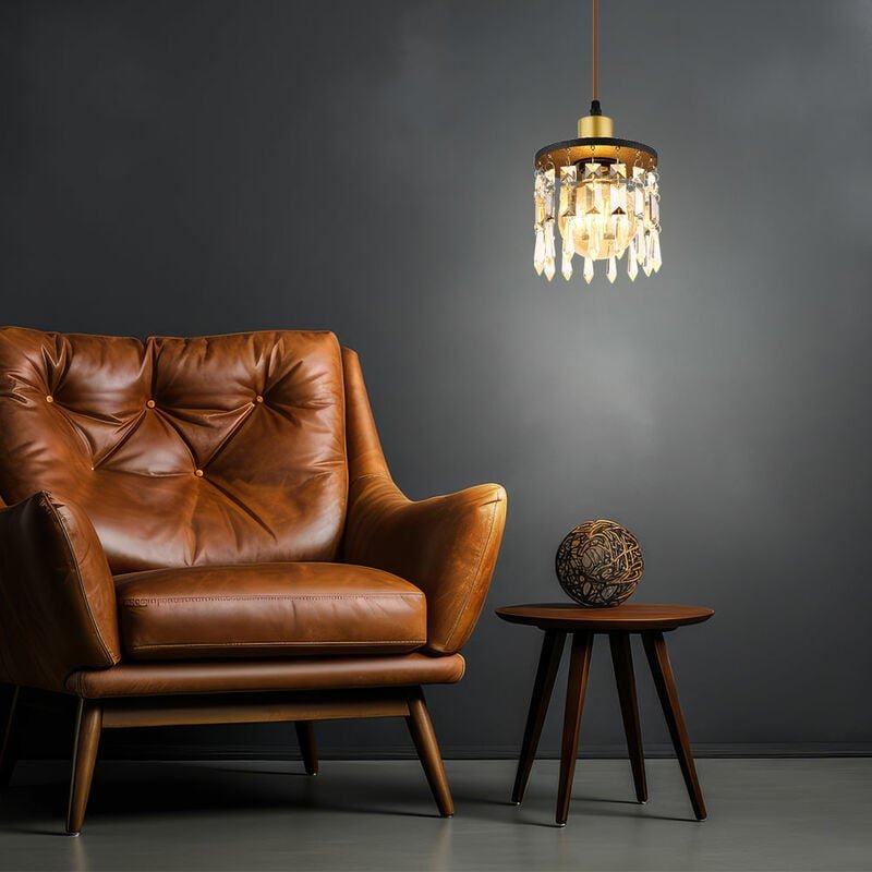 Holz Lampe hängend Pendelleuchte Messing gold Hängelampe Kristall Wohnzimmer, Kronleuchter Höhenverstellbar, Glas, schwa...