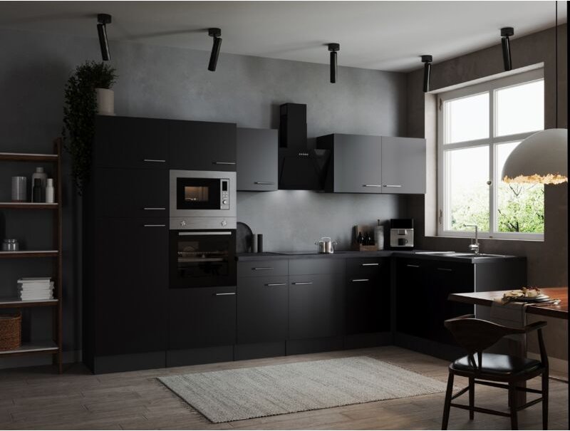 L Küche Küchenzeile Winkelküche Grau Matt Schwarz Oliver 340 x 172 cm Respekta