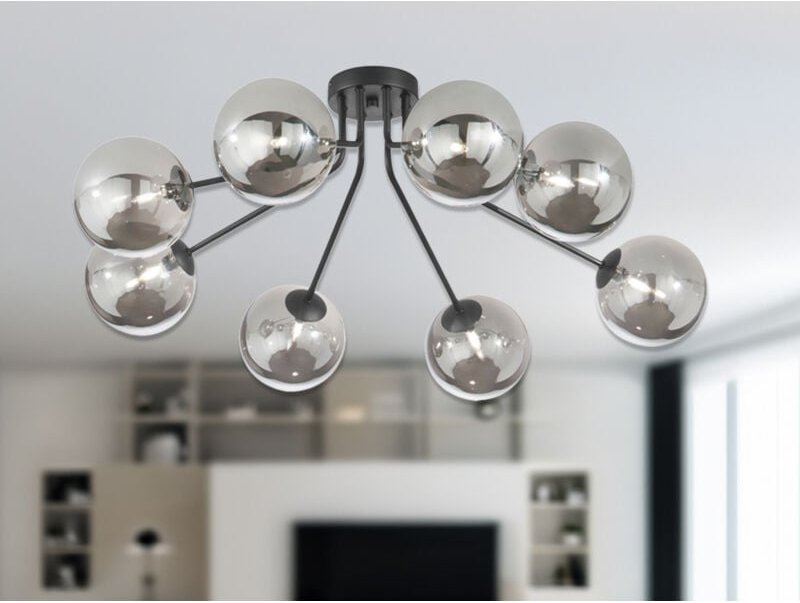 Deckenleuchte HONEY Schwarz mit 8 Glaskugeln Rauchglas, Breite 88cm