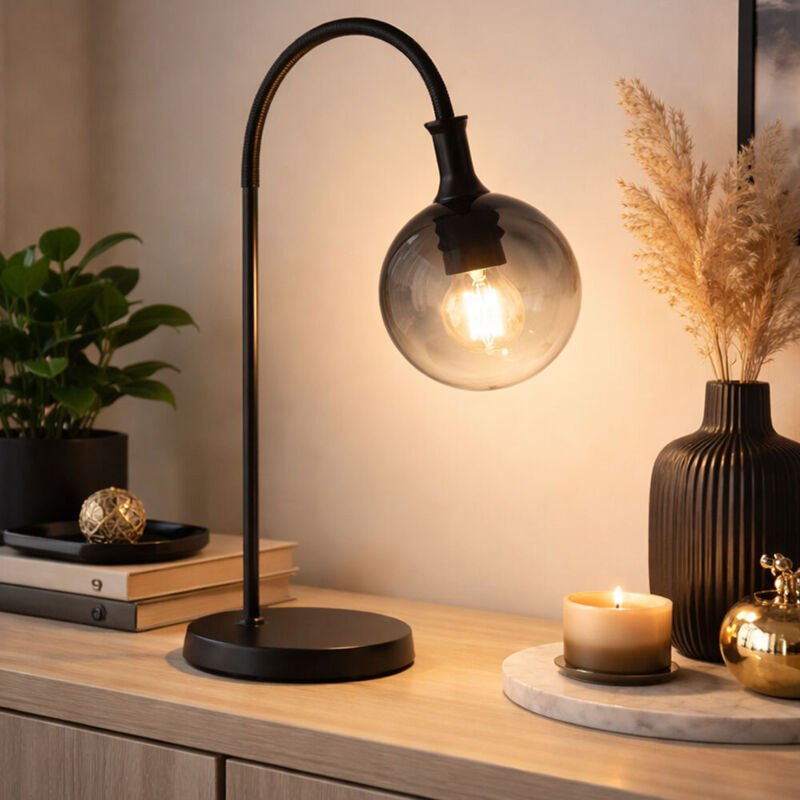 LED Tischlampe Rauchglas Tischleuchte Kugel Beistelllampe schwarz Wohnzimmerlampe, Metall, 7W 806lm warmweiß, BxH 22,5 x...