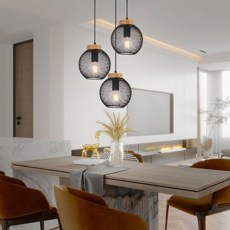 Hängeleuchte Pendelleuchte Deckenlampe hängend Vintage schwarz Metall Industrial, 3 flammig, Holz braun, 3x E27 Fassunge...