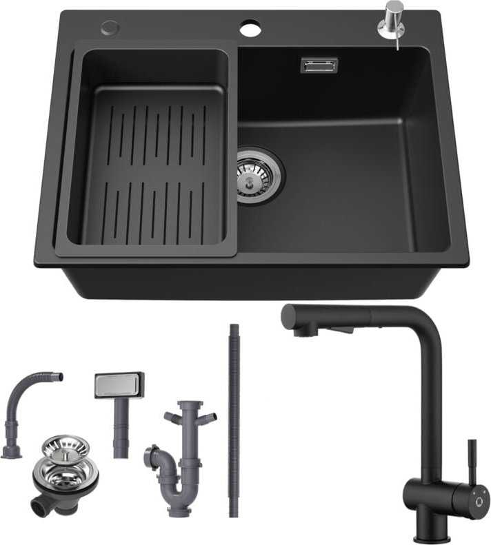 Cecipa Max - Granitspüle 60×45 cm Küchenspüle Granit + Ausziehbare Küchenarmatur(Höhe 312mm), Aufsatz Spüle mit Abtropfk...