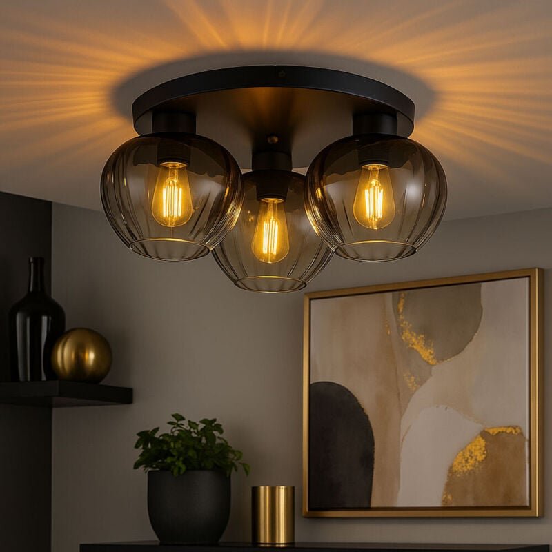 LED Deckenlampe 3 flammig Retro Rauchglas Deckenleuchte Wohnzimmerlampe Flurleuchte, Metall schwarz, 3x 6W 806Lm warmwei...