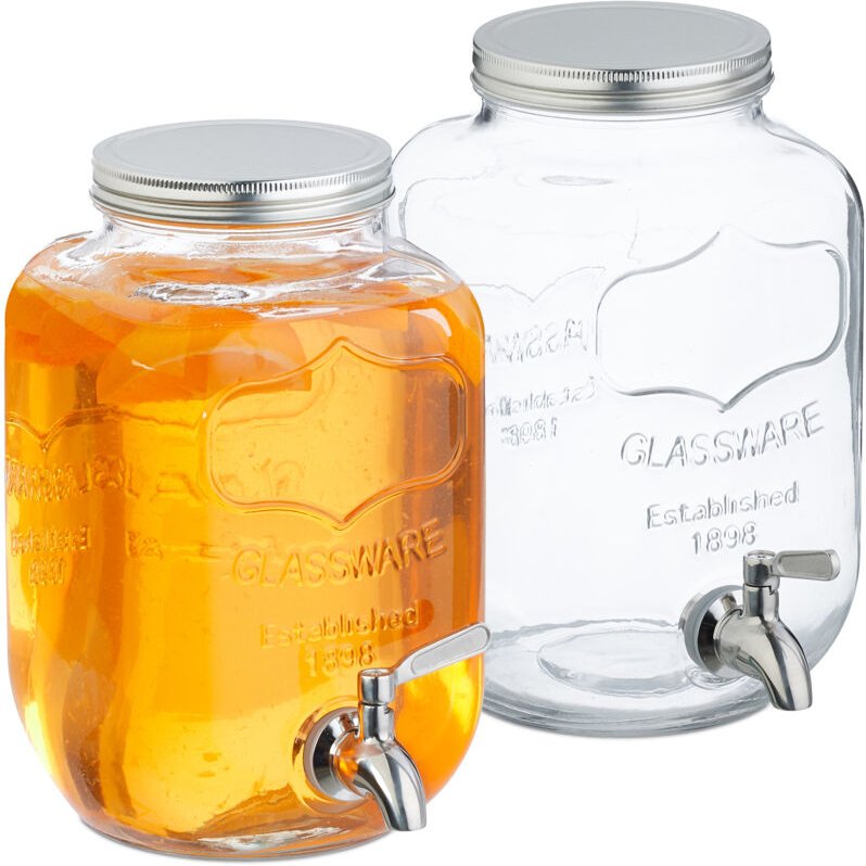 Relaxdays Getränkespender im 2er Set, Limobehälter 4L, Zapfhahn und Deckel, Wasserspender, Glas & Edelstahl, transparent