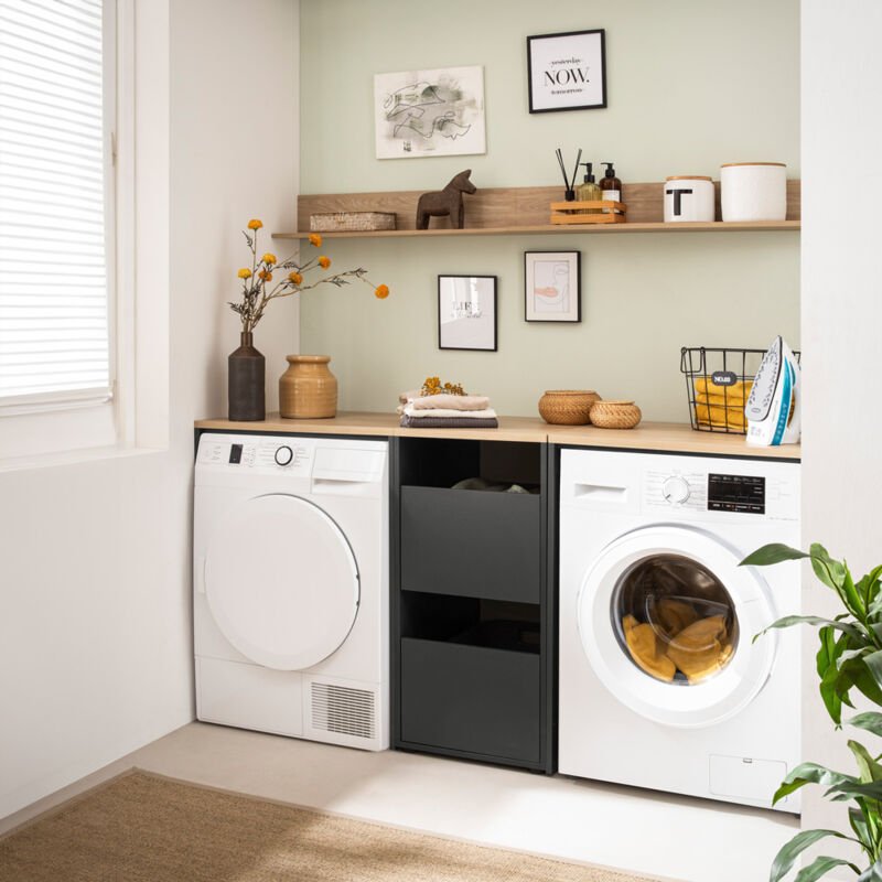 Waschmaschinenschrank mit Wäscheschrank Hauswirtschaftsraum für Waschmaschine und Trockner anthrazit mit Eiche STOBY-80