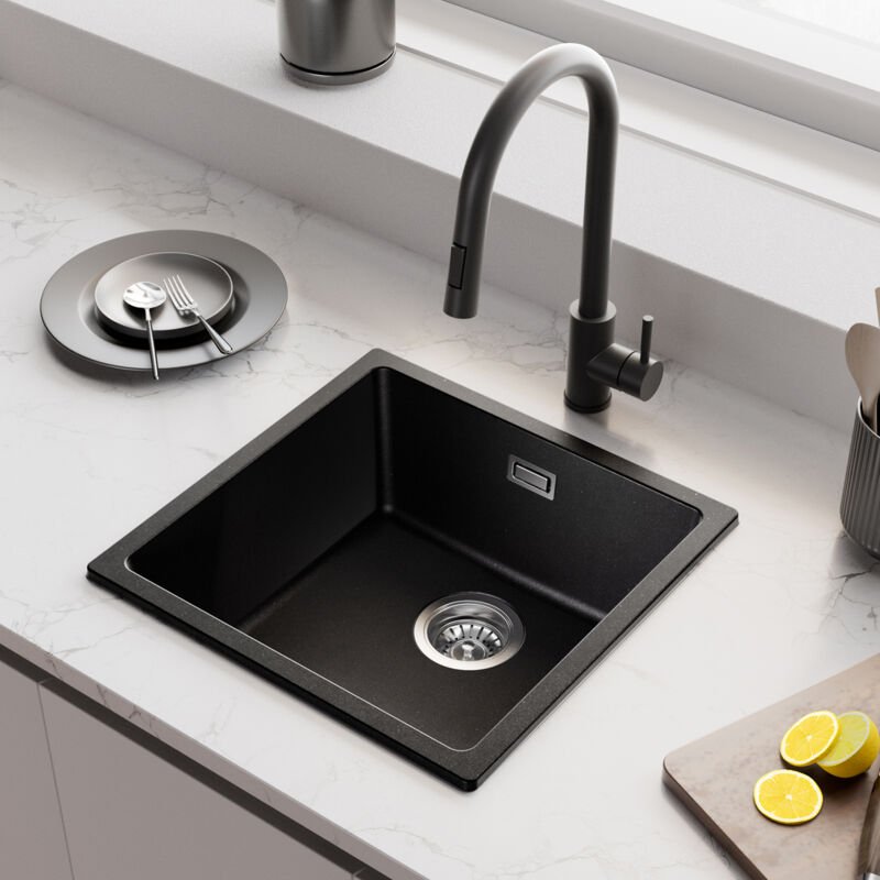 Granitspüle 45 x 44 cm Spülbecken Granit, Einbau Küchenspüle, klein Granit Einbauspüle mit Siphon Ab- und Überlaufgarnit...