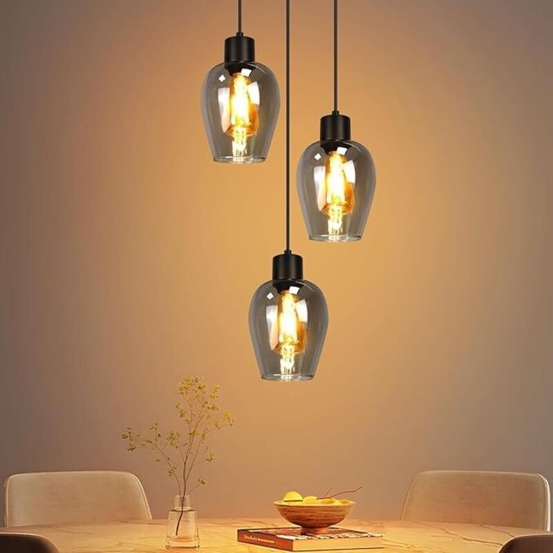 GBLY Hängelampe Schwarz Pendelleuchte 3 Flammig Vintage E27 Rauchglas Für Esszimmer Schlafzimmer Wohnzimmer Ohne Lichtqu...