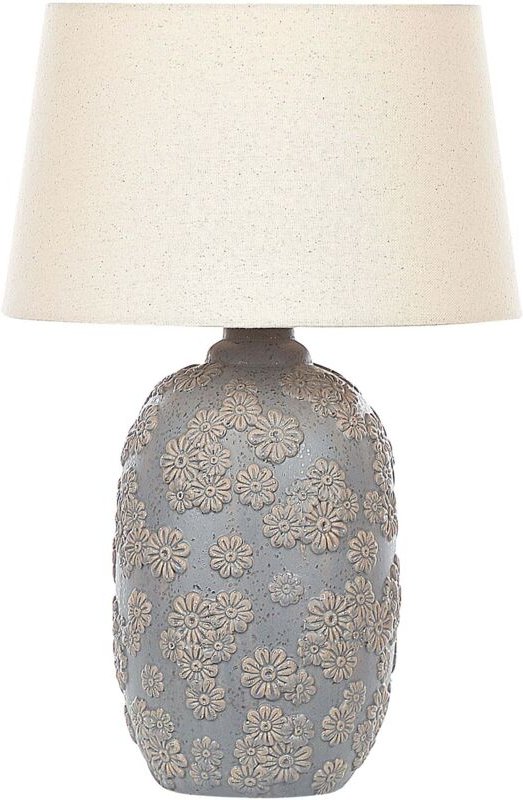 Tischlampe Grau und Beige Keramik Blumenmuster 46 cm Stoffschirm Kegelform langes Kabel mit Schalter handgefertigt Schla...