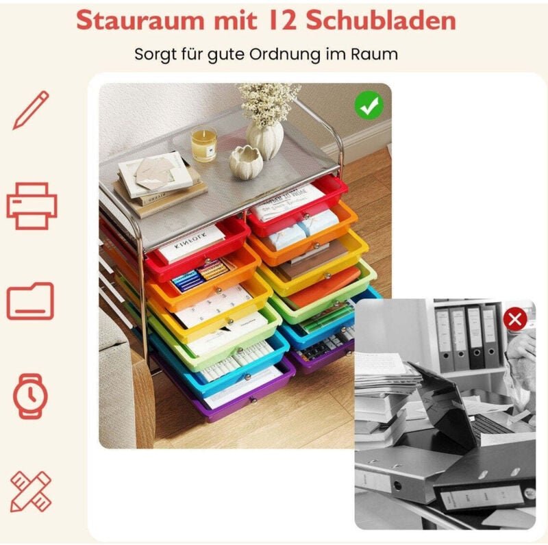 Mobiler lagerwagen mit 12 stapelbaren schubladen mehrfarbig