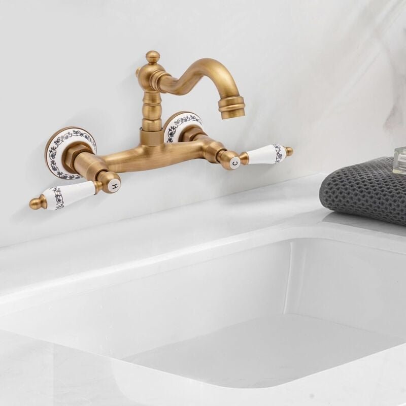 Drehbar Doppelhebel Messing Wandmontage Küche Wandarmatur Waschbecken Armatur