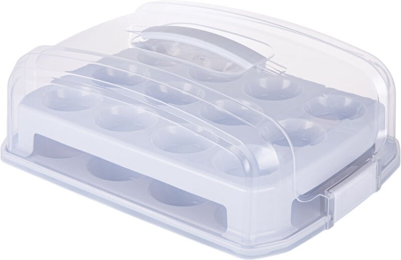 Relaxdays Muffin Transportbox, 24 Cupcakes & Muffins, 2 Etagen, Tragegriff, HBT 16 x 37,5 x 28,5 cm, Kuchenbox, hellgrau