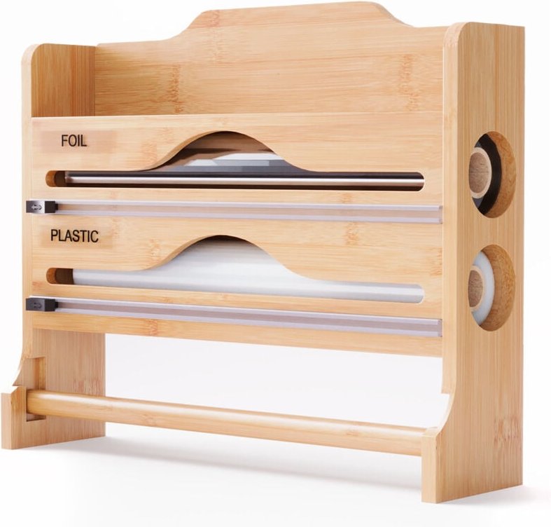 Relaxdays Wandrollenhalter 3 in 1, für Küchenrolle, Alufolie, Frischhaltefolie, Bambus, HxBxT: 27 x 35 x 9 cm, natur