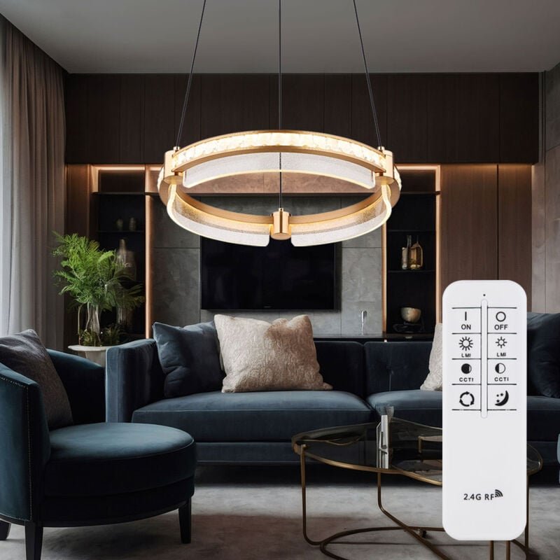 Hängeleuchte Pendellampe Esszimmerleuchte Wohnzimmerlampe Küchenleuchte, Metall Aluminium Kristalle gold, dimmbar Fernbe...