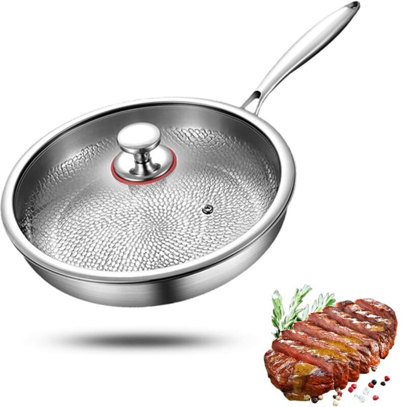 Hochwertige, unbeschichtete Titan-Bratpfanne – 28 cm – Dreilagig – Edelstahl – Mit Deckel – Unbeschichtet – Kratzfest – ...