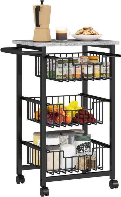 3-stufige Küchenwagen auf Rädern, Rollbarer Servierwagen, Küchen-Trolley mit 3 Stahlkörben, Servierwagen